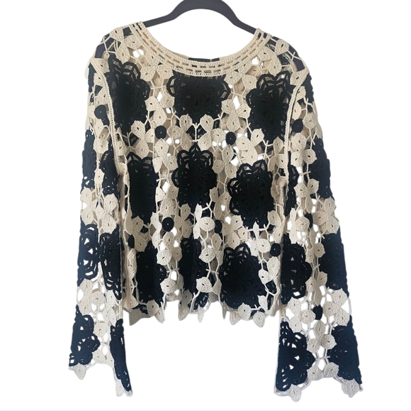RD Style The Yenia Boho Goth Cropped Crochet Cream Black Floral Sweater, Size S - Picture 2 of 9